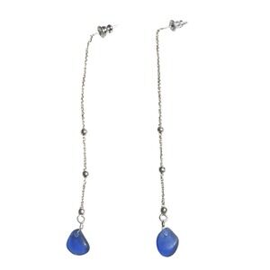 925 Sterling Silver Long Chain Drop Earrings Blue Glass Bead Dangle Boho 3.5"